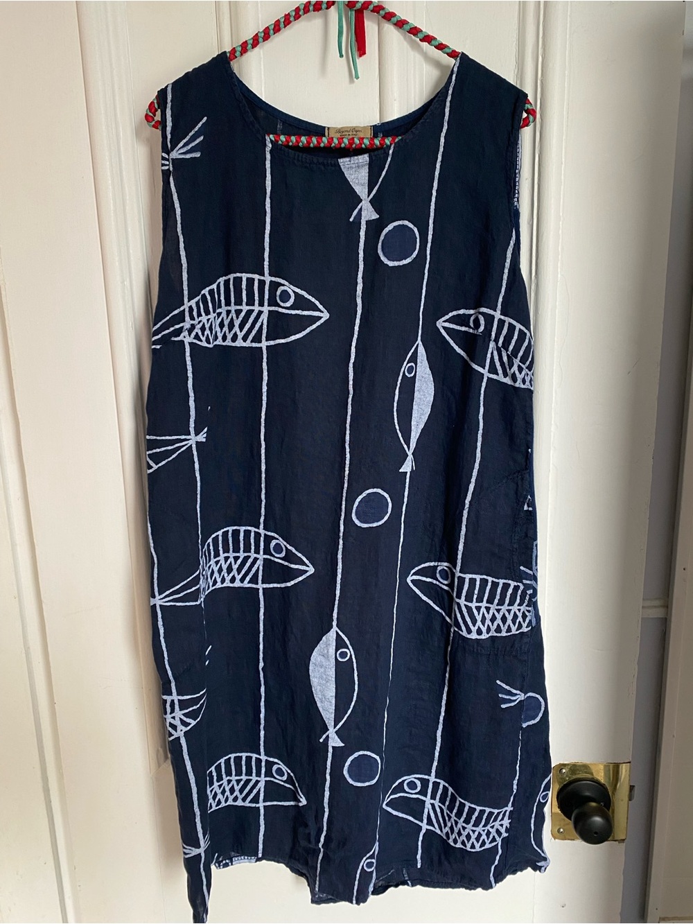Linen Navy Fish Print Sleeveless Shift Dress